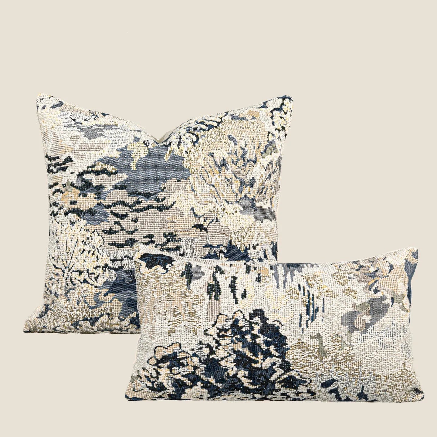 Antique blue wool blend decorative pillow with abstract floral pattern in square and rectangular sizes