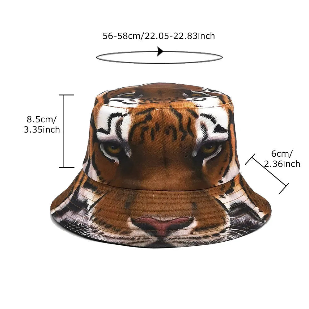 Tiger pattern polyester bucket hat with dome crown in khaki or black colour