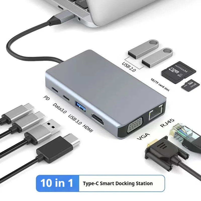 USB-C 7-in-1 expansion dock with HDMI port, USB 3.0 ports, and card readers connected to laptop