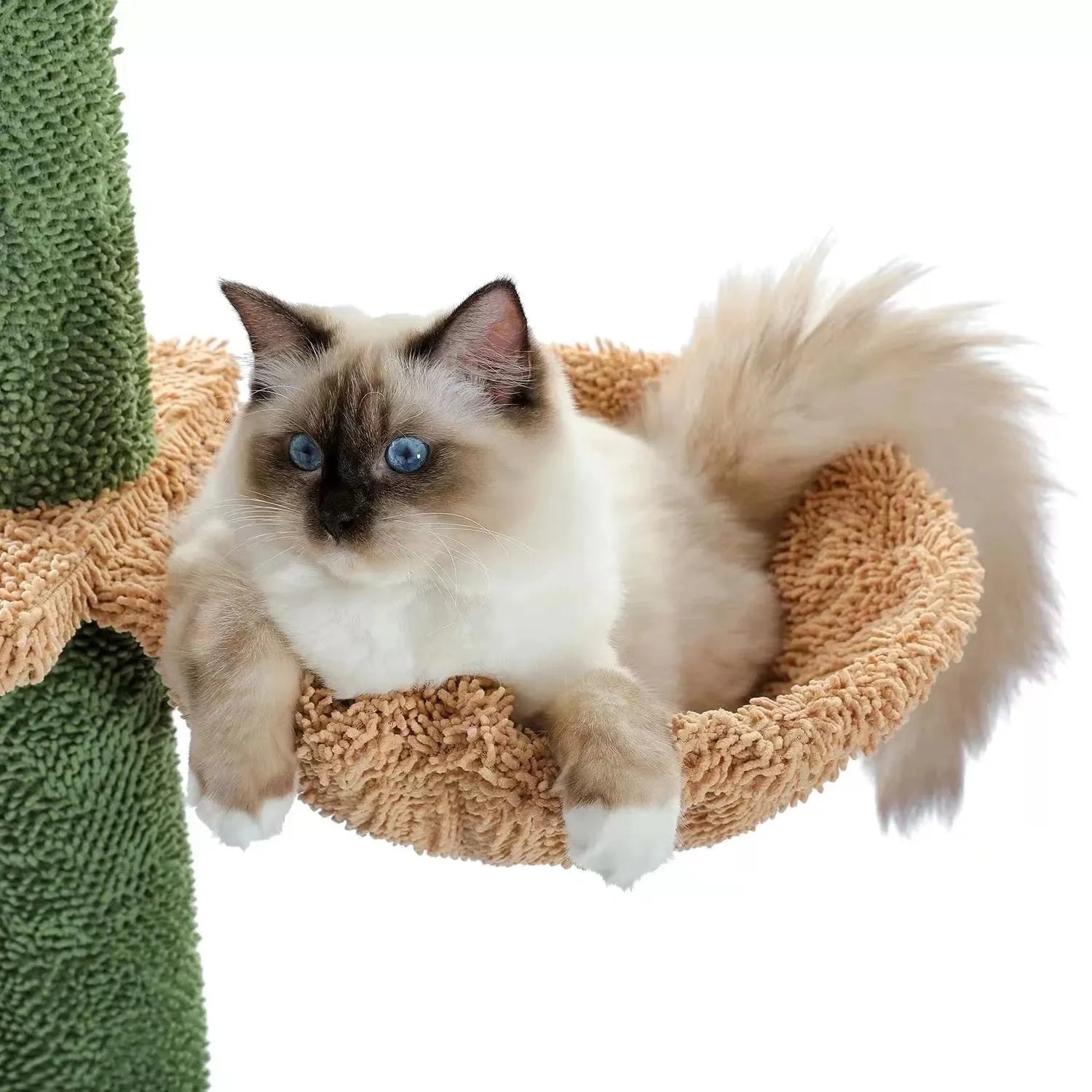 Tall cactus design cat tree with integrated scratch board and toy on solid wood climbing frame