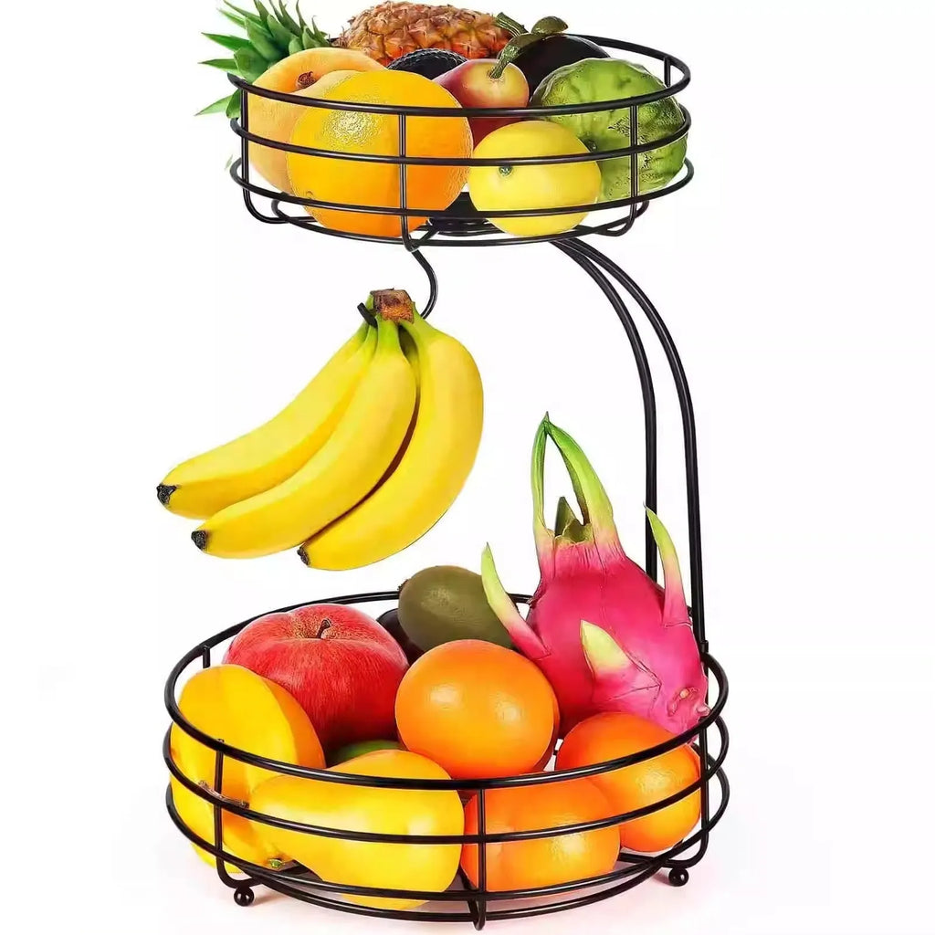 Black wrought iron double-layer fruit basket with open metalwork design
