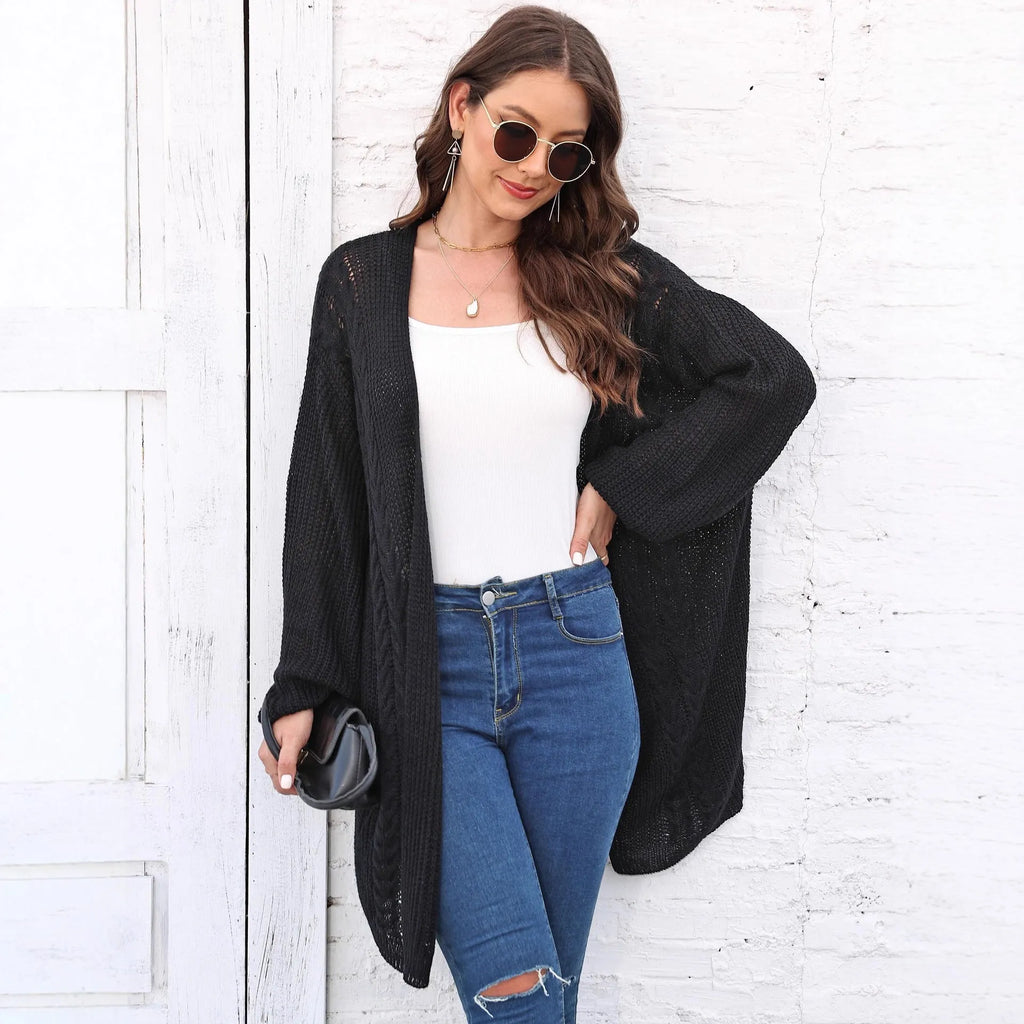 Women's loose acrylic sweater coat in solid colours including army green, black, brown, light grey, and rose red