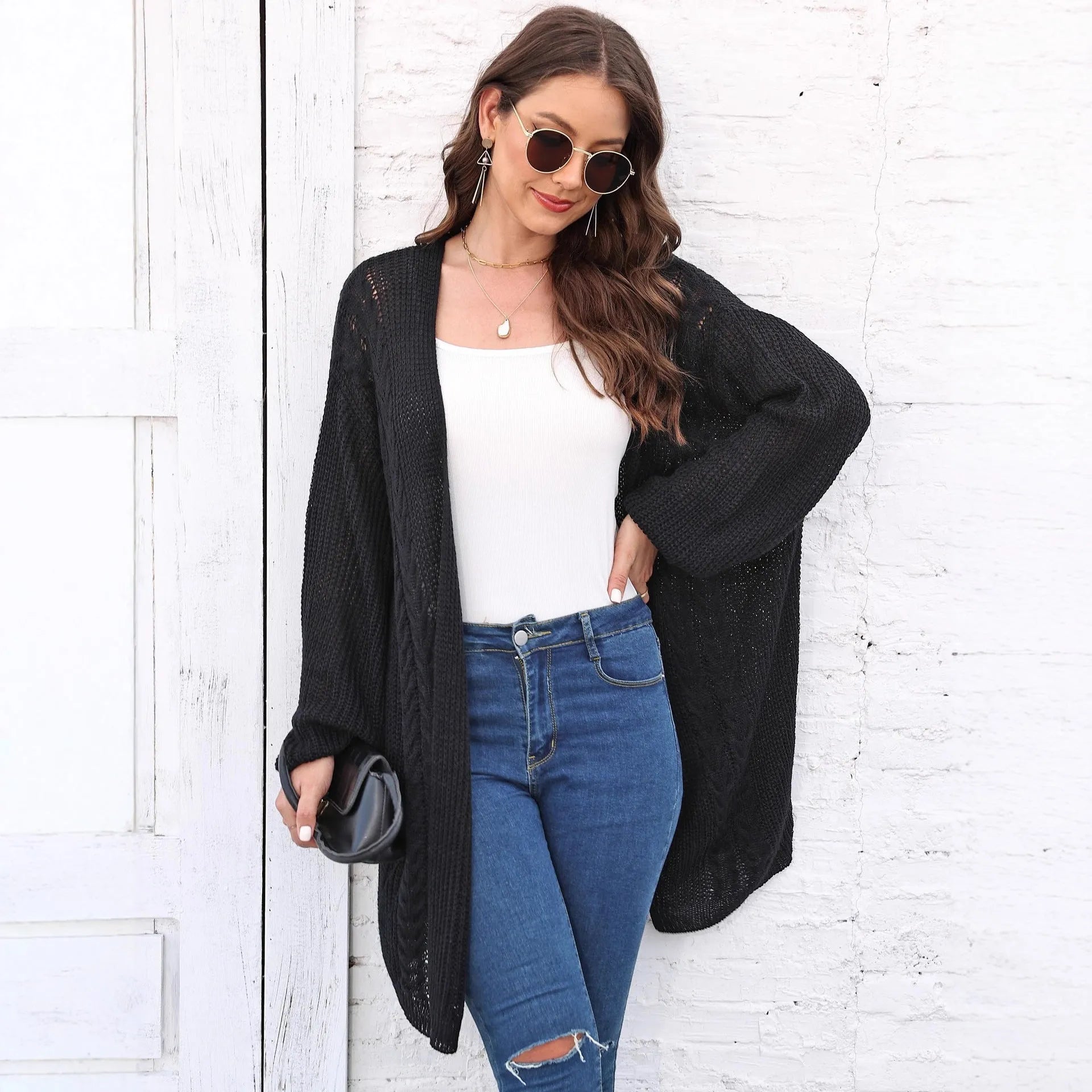 Women's loose acrylic sweater coat in solid colours including army green, black, brown, light grey, and rose red