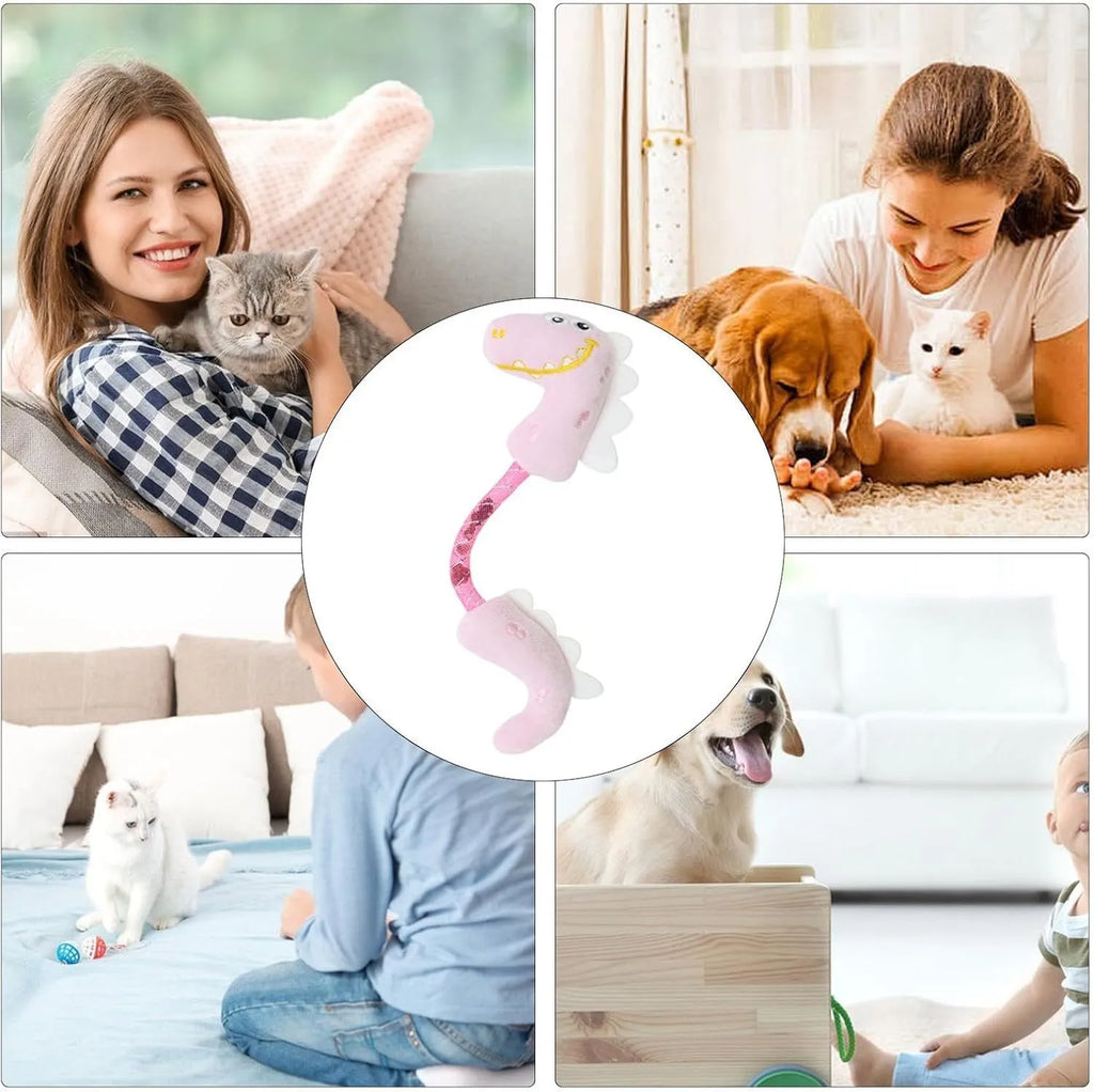 Set of four colourful plush cat toys including a mouse, fish, bunny, and chew toy on a white background.