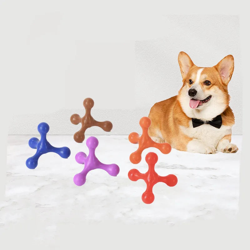 Blue silicone puppy chew toy with three-leg biter design for teething relief