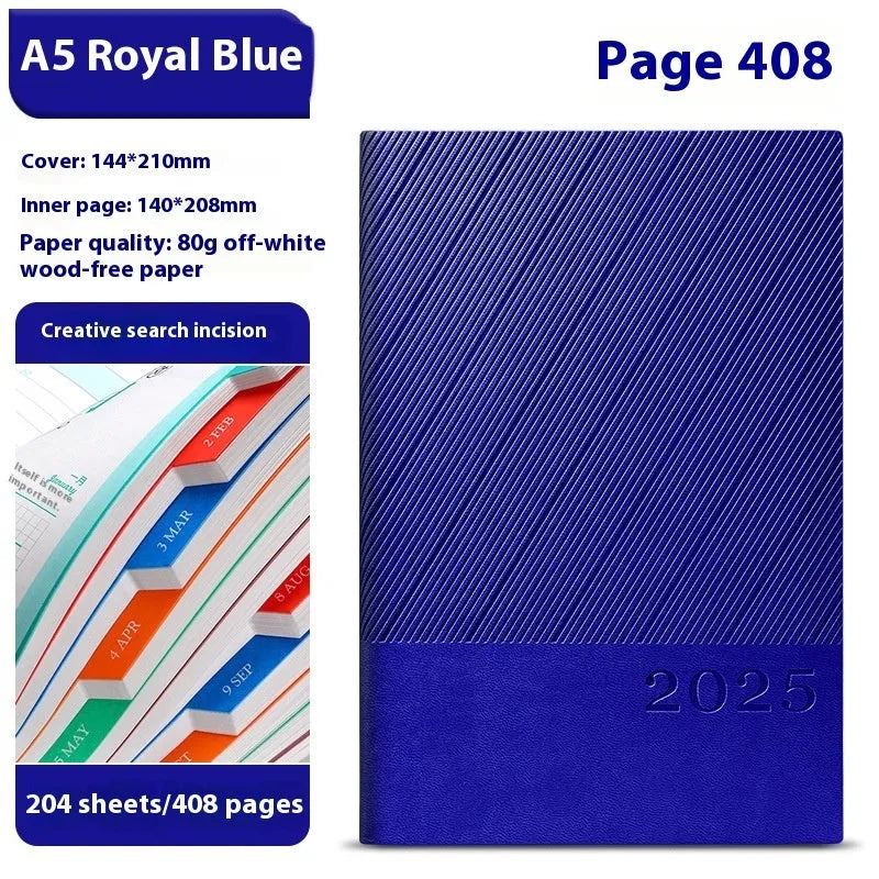 Thick business notepad with striped PU leather cover showing colour options and open pages