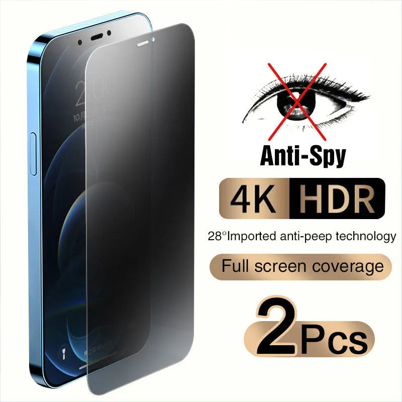 iPhone anti-peeping tempered glass screen protector showing full-screen coverage on a mobile phone.