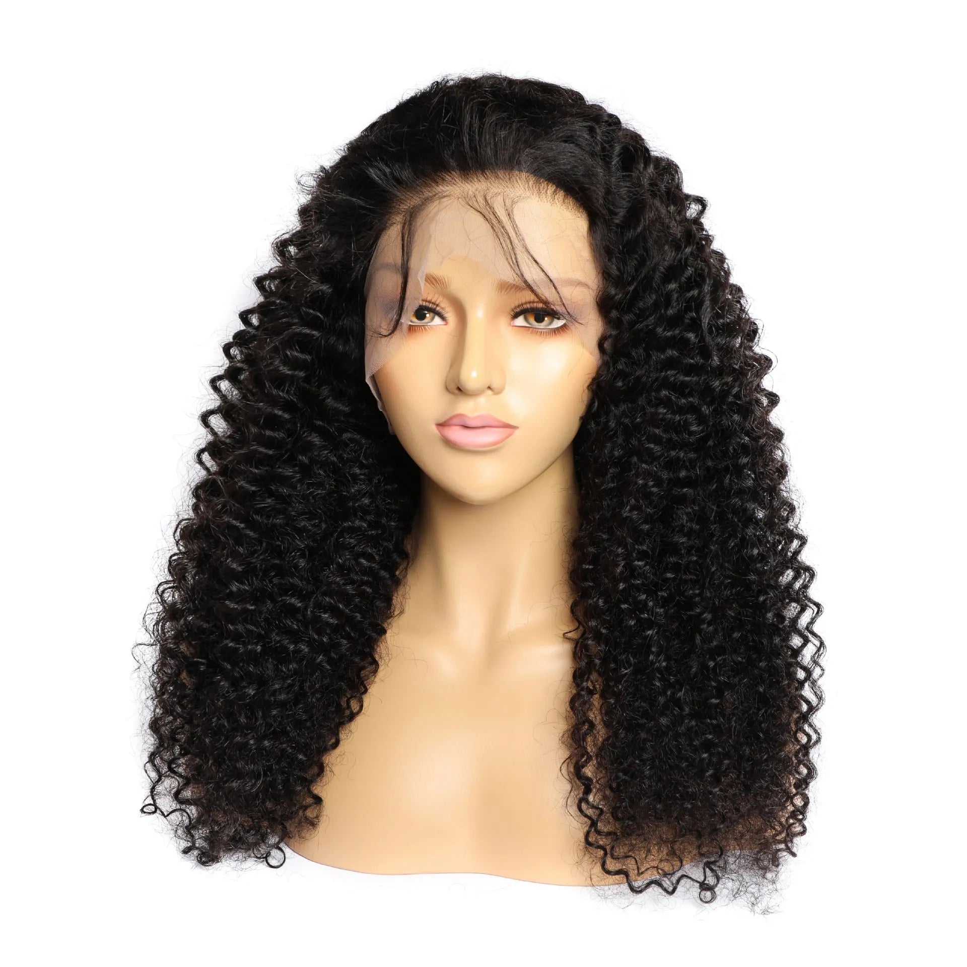 Curly human hair lace front wig on a stand, showing hand-woven construction and long curls.