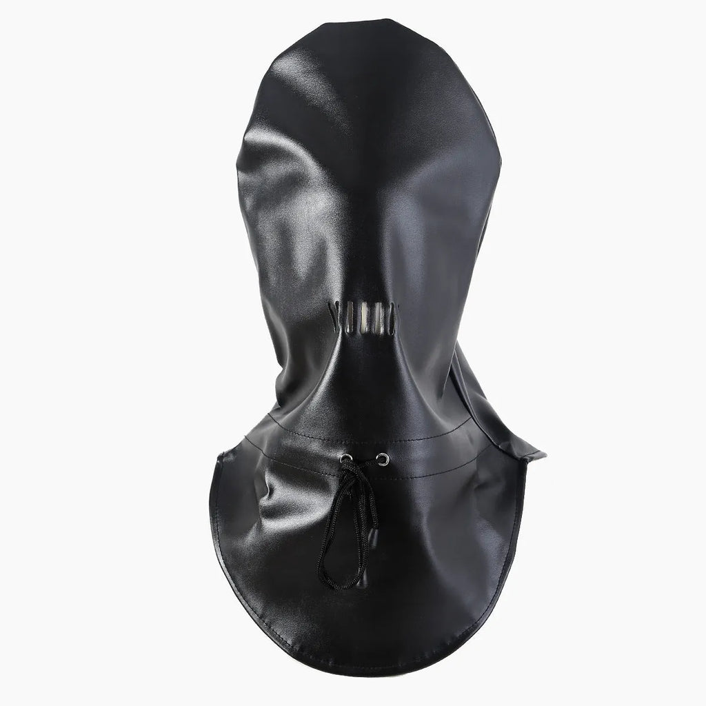 Black leather adult face mask for BDSM role-play training.