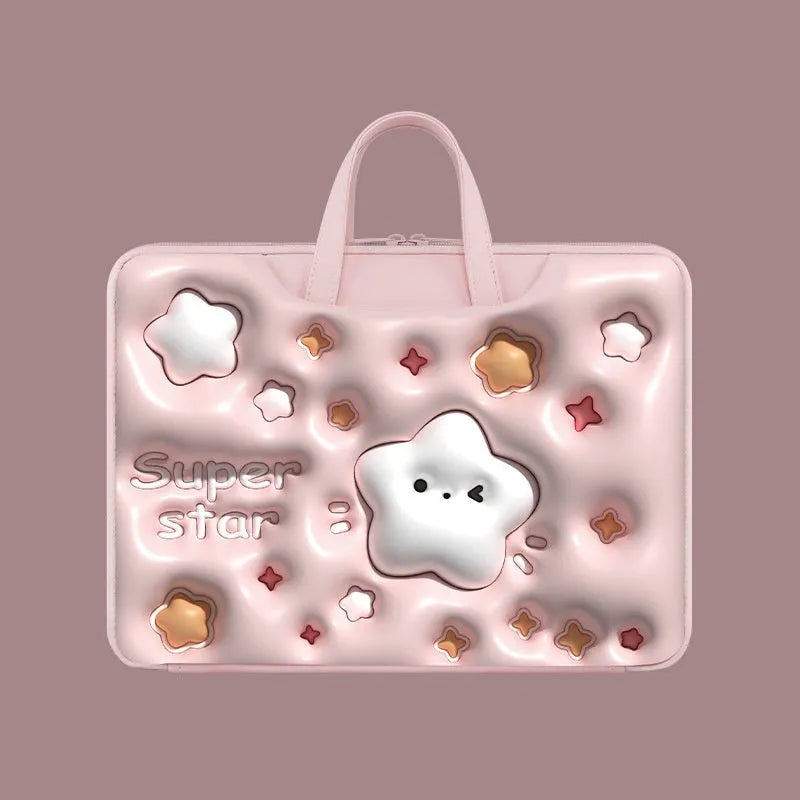Inflatable PU leather laptop bag in cat beige colour with luggage strap, suitable for 13 to 15.6 inch laptops.