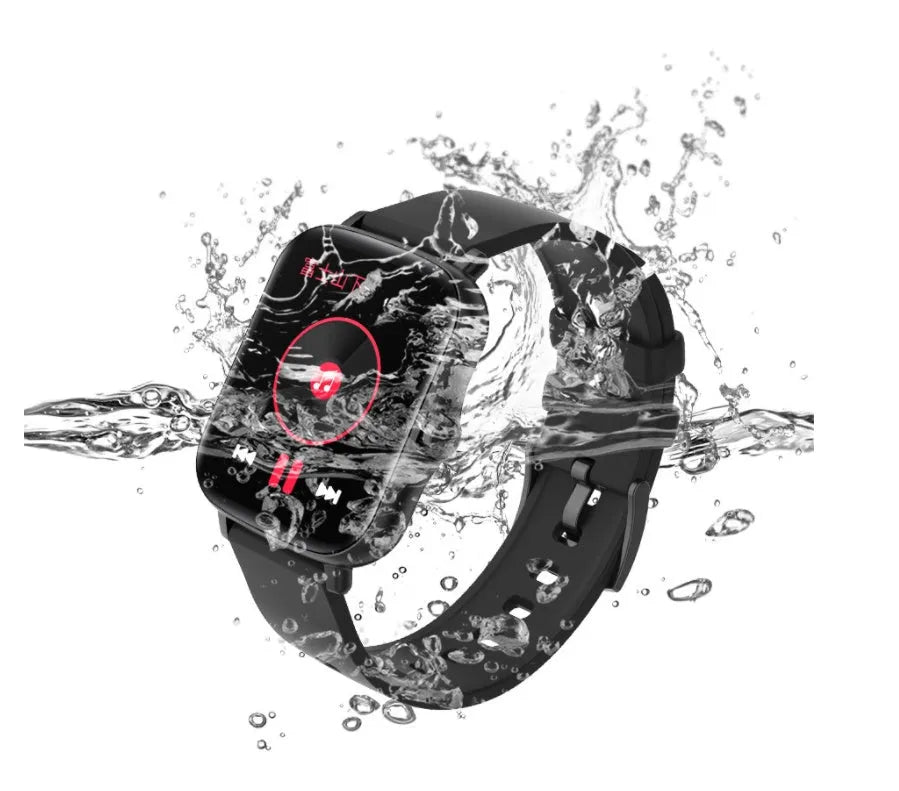 Blue smart watch with 1.7-inch colour touch screen on a wrist, showing fitness data.