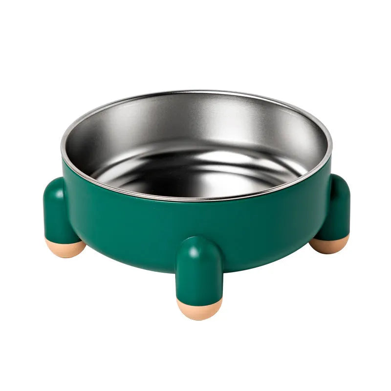 Stainless steel pet bowl with high foot design in green, pink, and white colour options