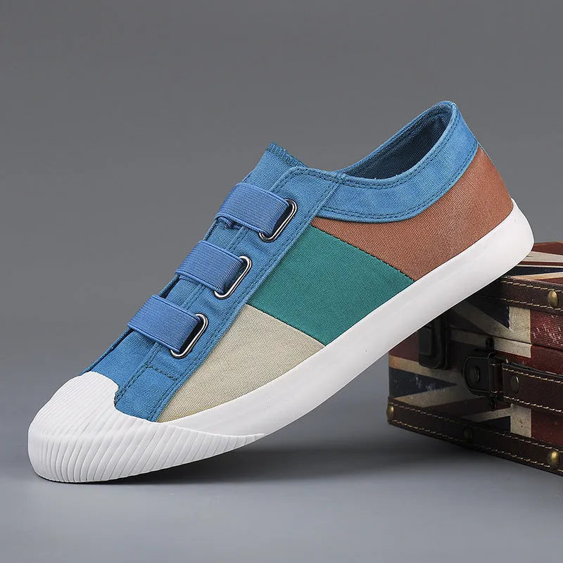 Men's low-top canvas sneakers with elastic band in beige colour