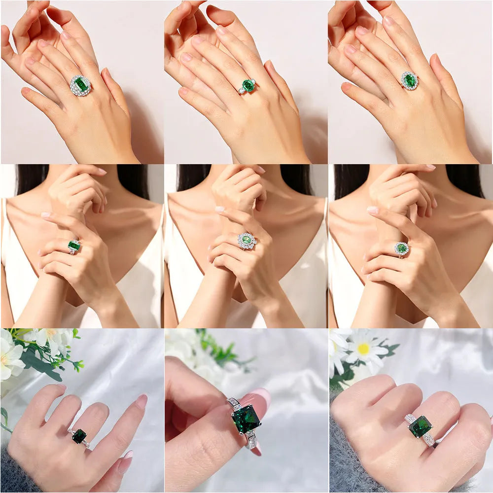 S925 silver emerald ring for women with inlaid high carbon diamonds in a geometric design on a white background.