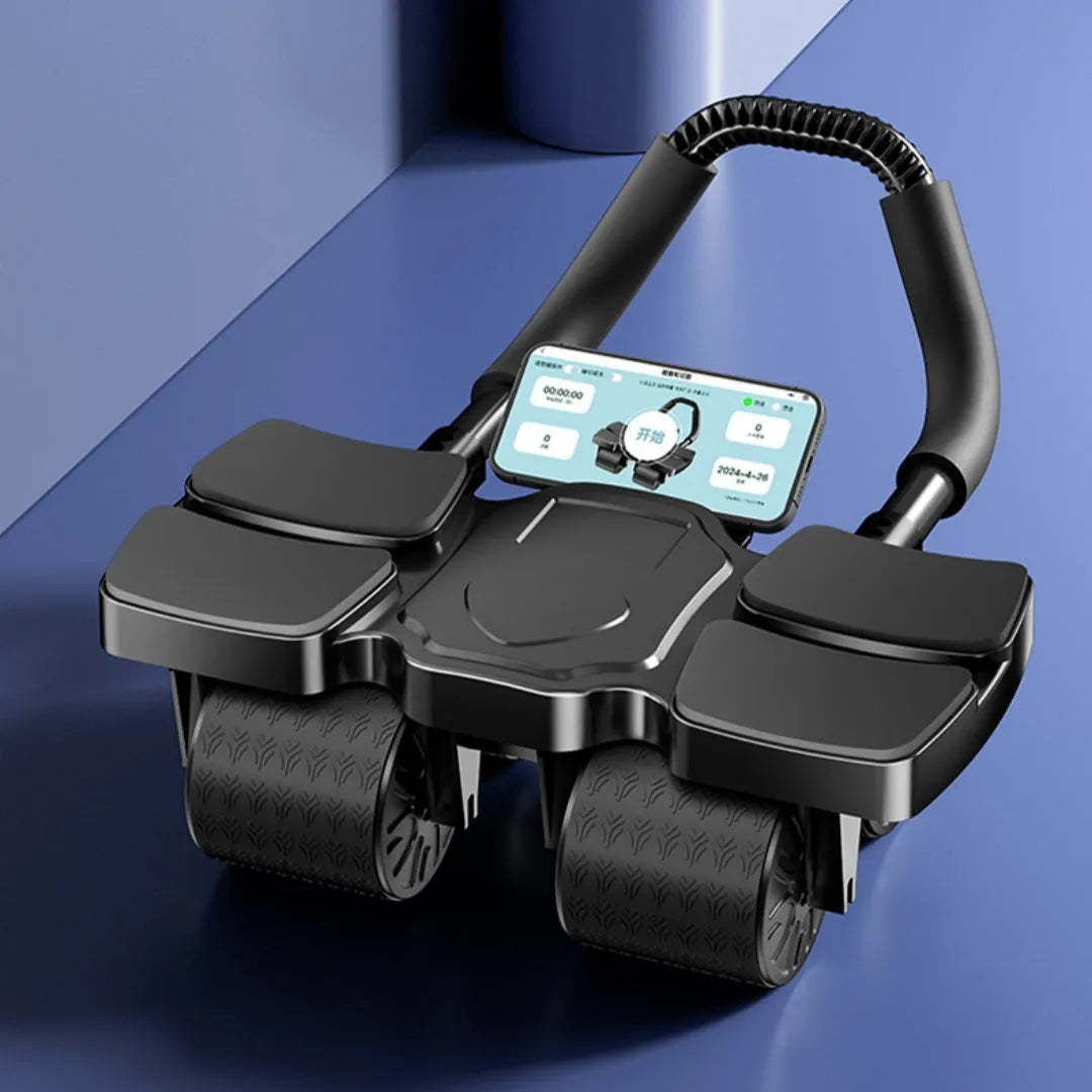Four-wheel abdominal exercise wheel with automatic rebound mechanism in black colour