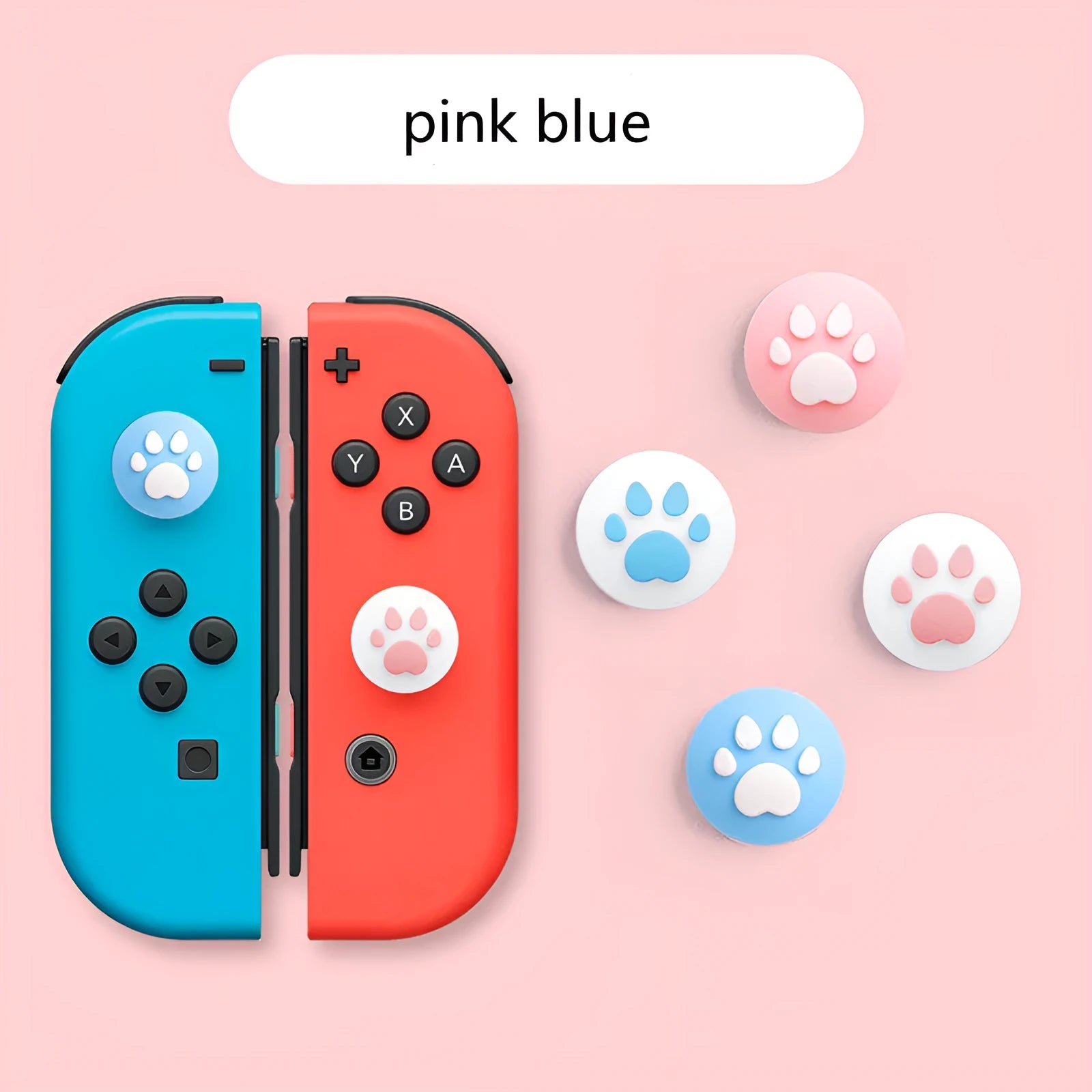 Four silicone rocker caps for Nintendo Switch Joy-Con controllers in assorted colours on a grey background.