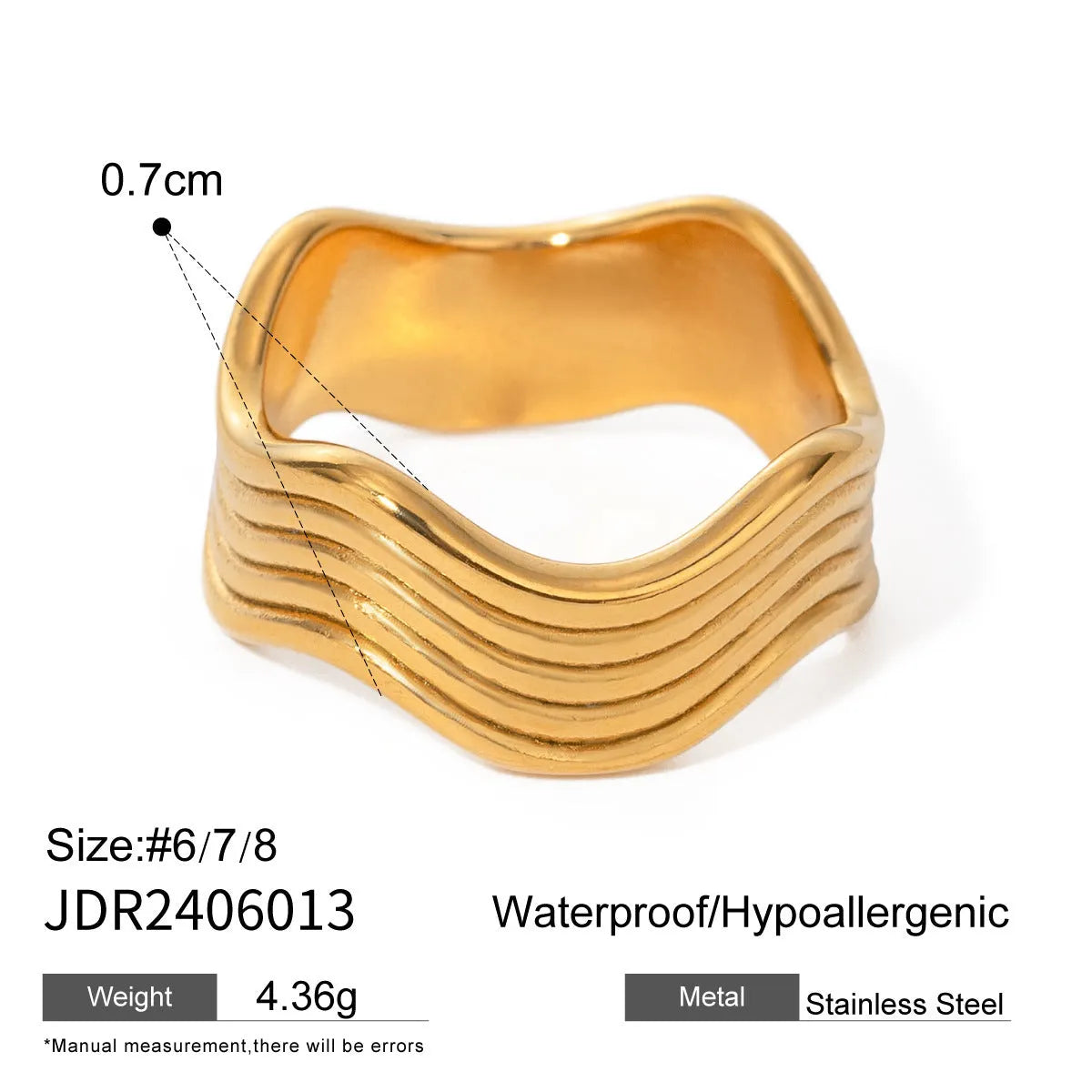 Stainless steel geometric wave ring for women with a wide surface area and electroplated finish.