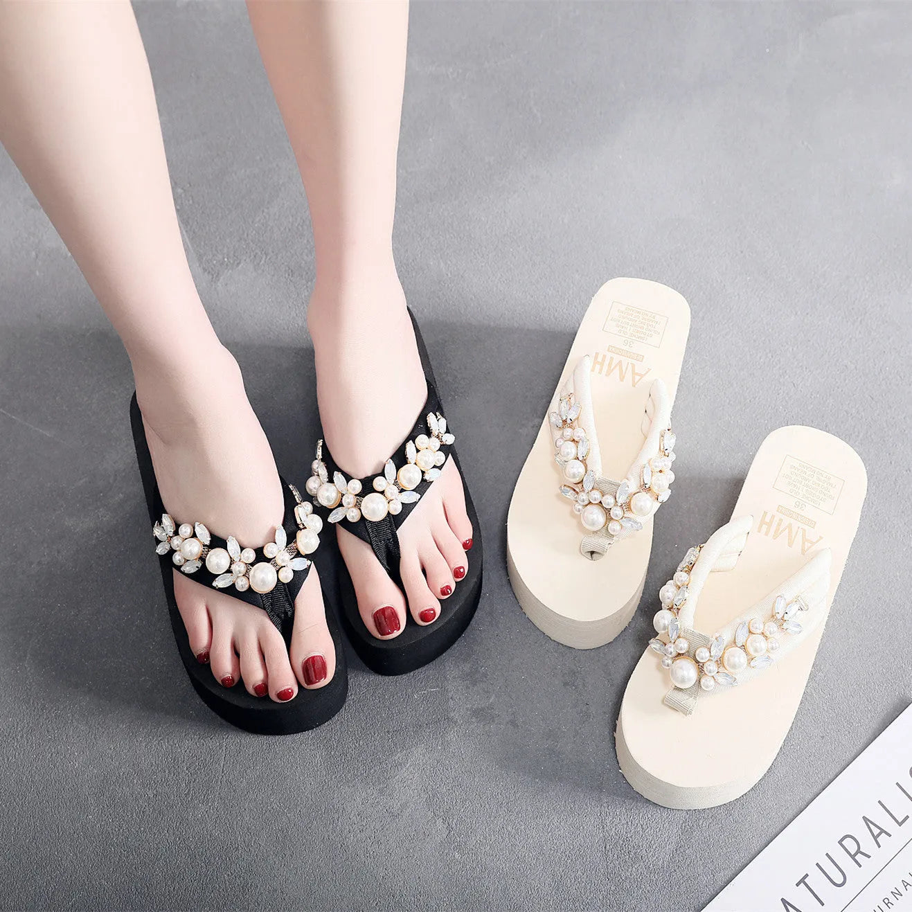 Women's high-heeled flip-flops with cotton cloth upper in beige colour