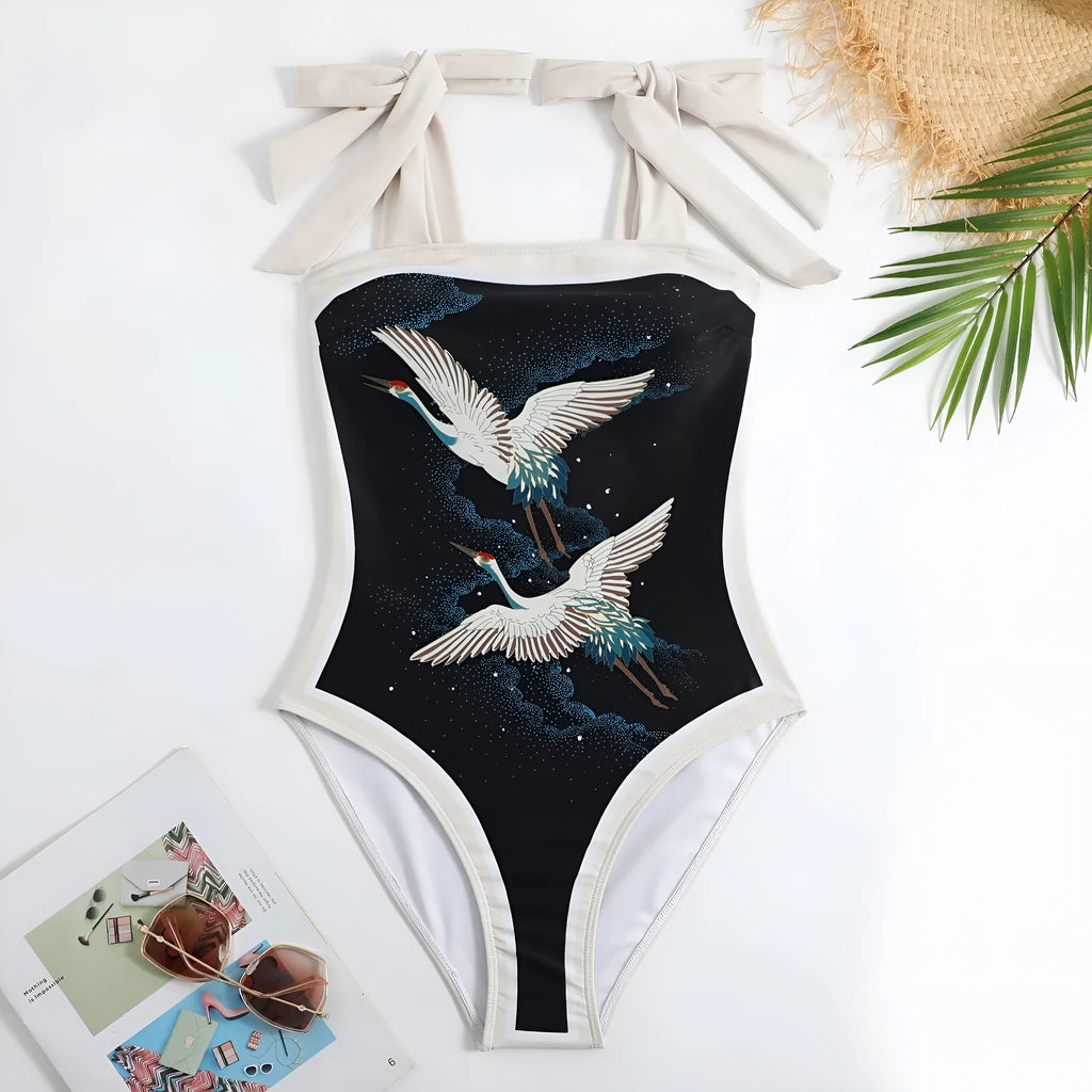Women's retro floral one-piece swimsuit with chiffon skirt in yellow and black feather patterns