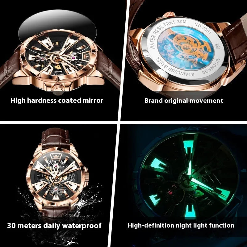 Men's automatic mechanical watch with hollow dial design on genuine leather strap
