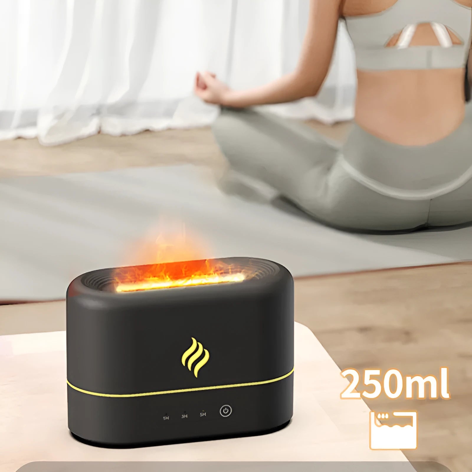 Seven-colour flame simulation aroma diffuser humidifier with USB cable on desktop