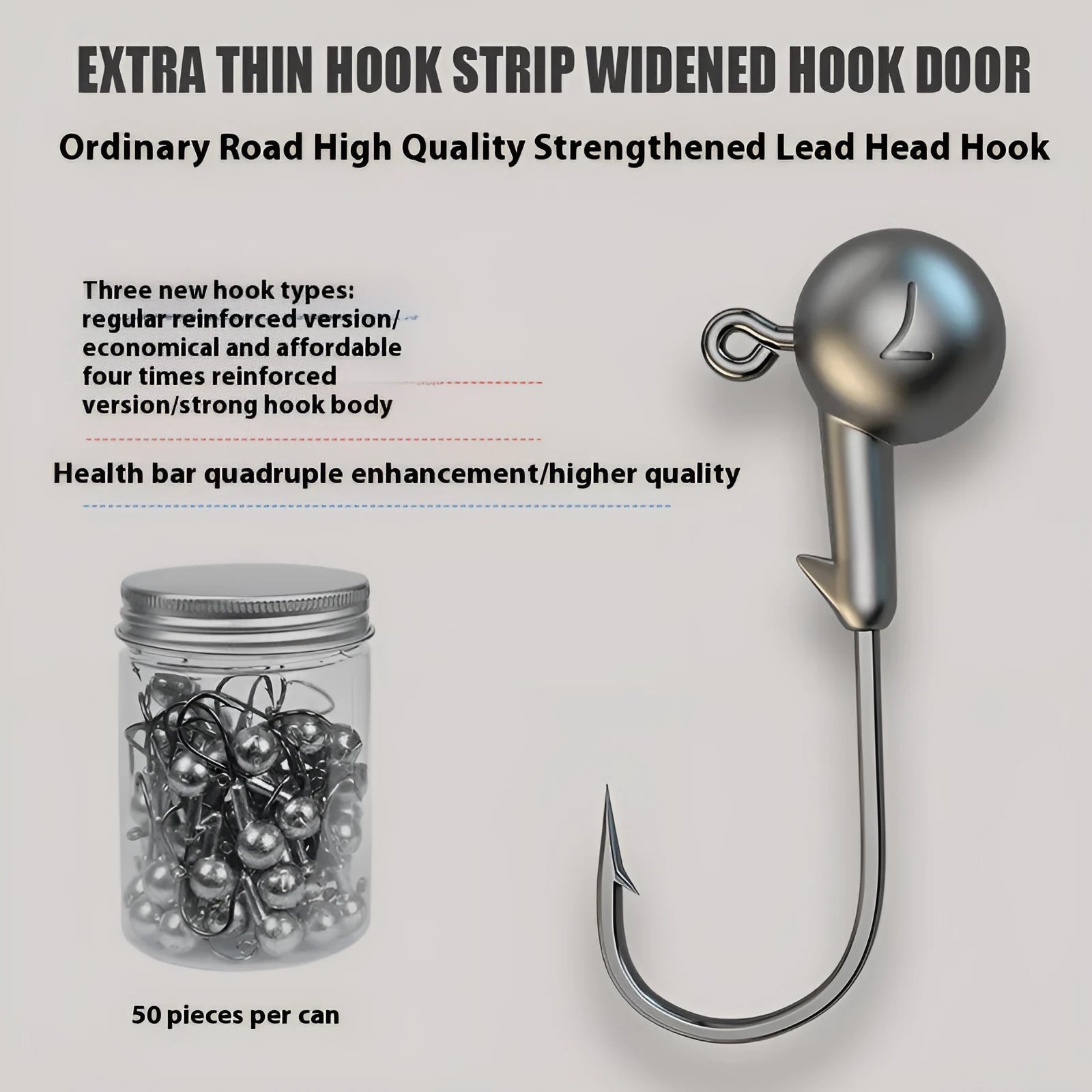 50-piece pack of steel jig fishing hooks with lead heads in three construction types including enhanced strength version
