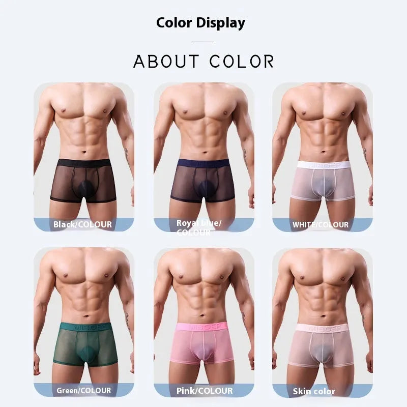 Men's thin solid colour boxer shorts in quick-dry polyester fabric on a size chart.