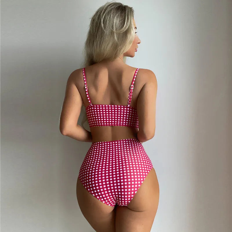 Women's plaid high-waisted bikini swimsuit set in rose red, with polyester lining.