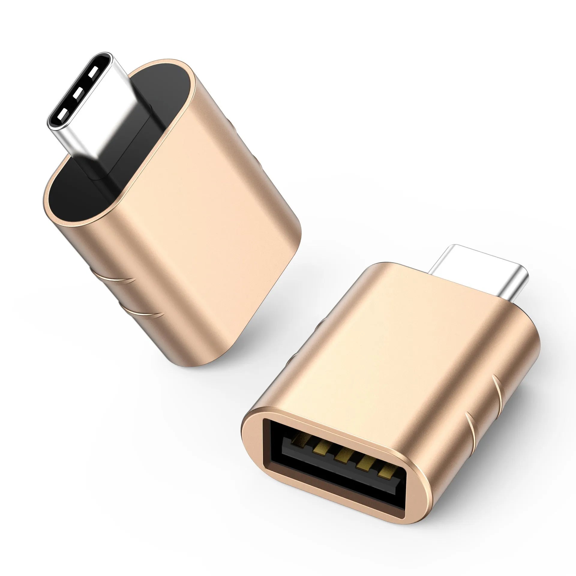 USB converter adapter with zinc alloy shell in various colours including silver, gold, and pink.