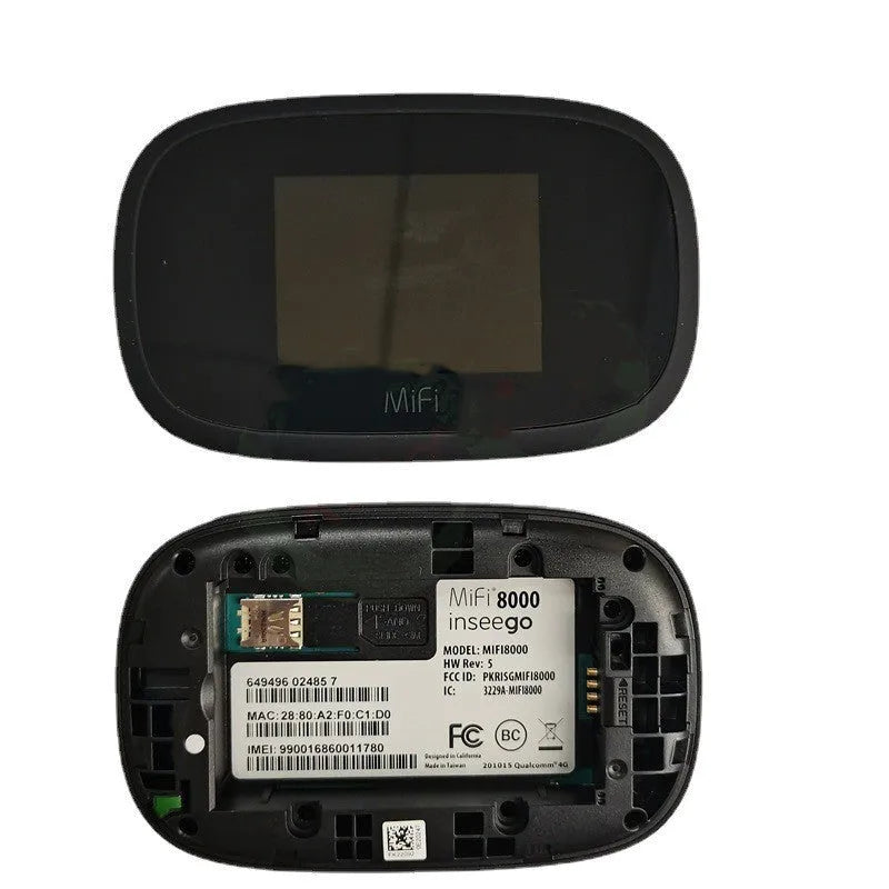 Black MFI8000 4G portable wireless router with battery and data cable.