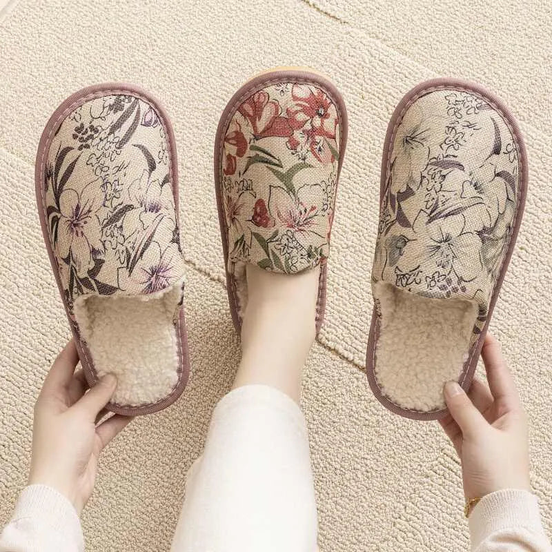 Household cotton slippers with linen surface in floral pattern colours and PVC sole
