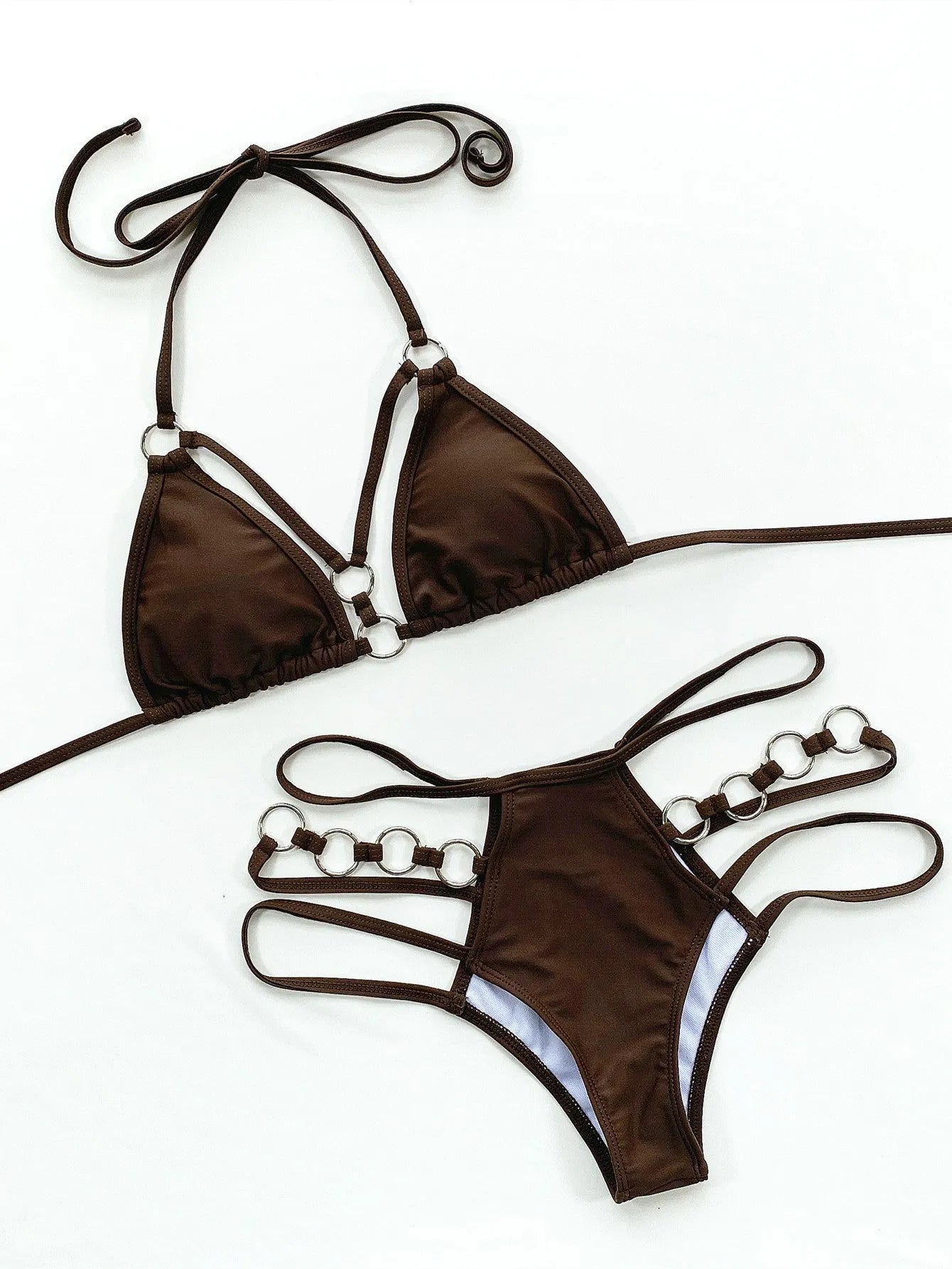 Women's pure colour two-piece nylon bikini swim set in five colour options with separated top and shorts