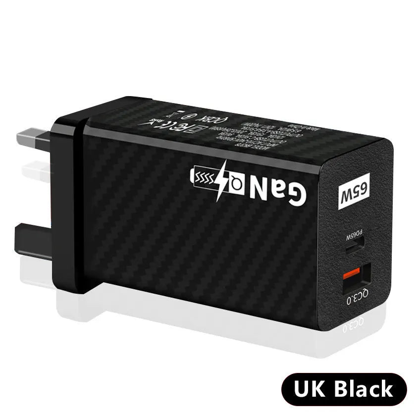 White and black 65W Gallium Nitride USB-PD laptop charger with EU, UK, and US plug options.