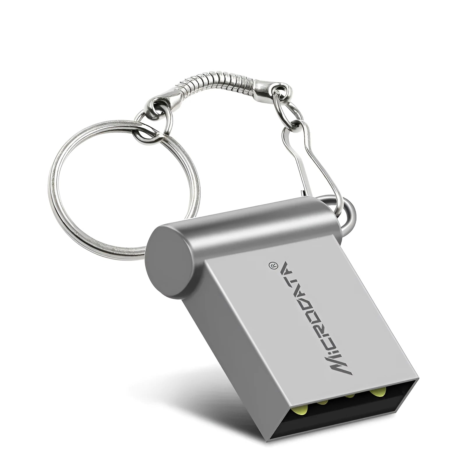 Silver metal square USB flash drive pendant on a metal necklace chain.