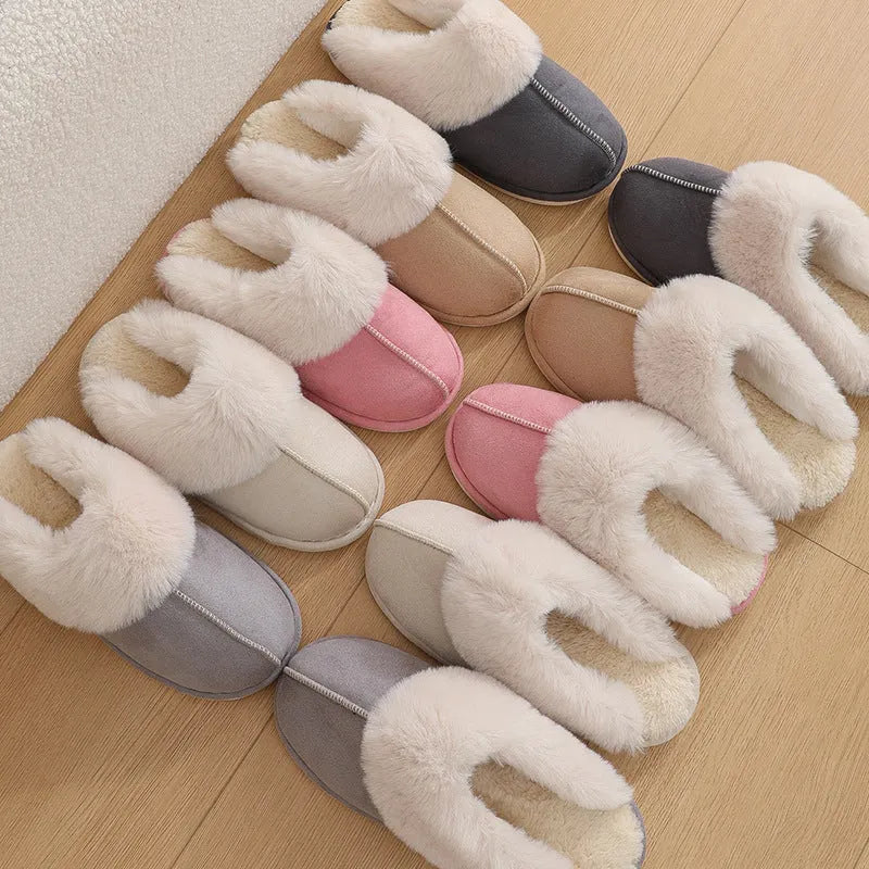 Women's brown plush indoor slippers with round toe design and non-slip PVC soles