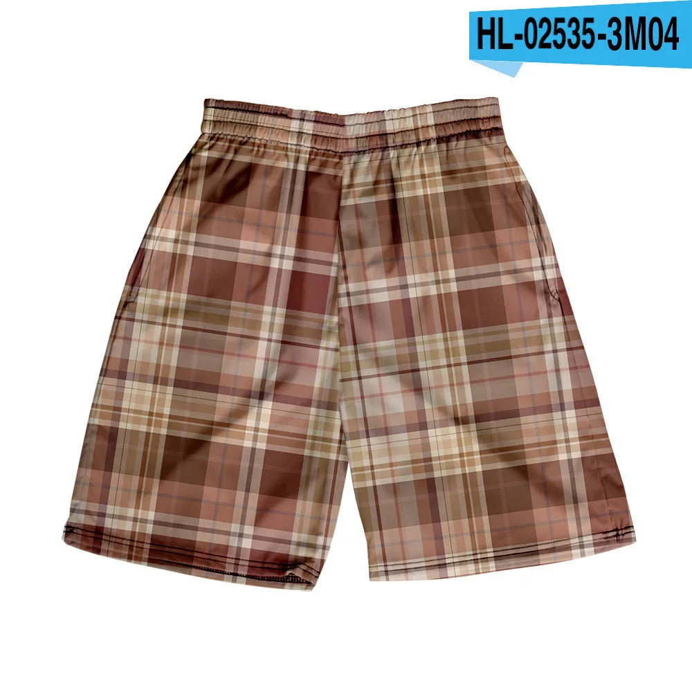 Men's plaid polyester shorts with elastic waistband in straight cut design
