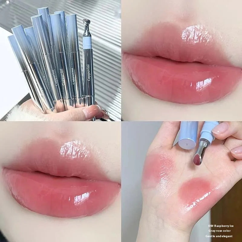Mirror Water Light Lip Gloss Lipstick in six sheer shade options including Almond Ice and Raspberry Ice.