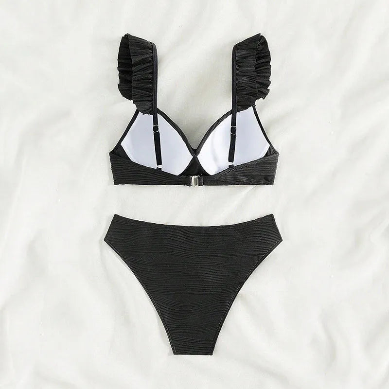 Women's solid colour bikini swimsuit set shown in black and khaki options.