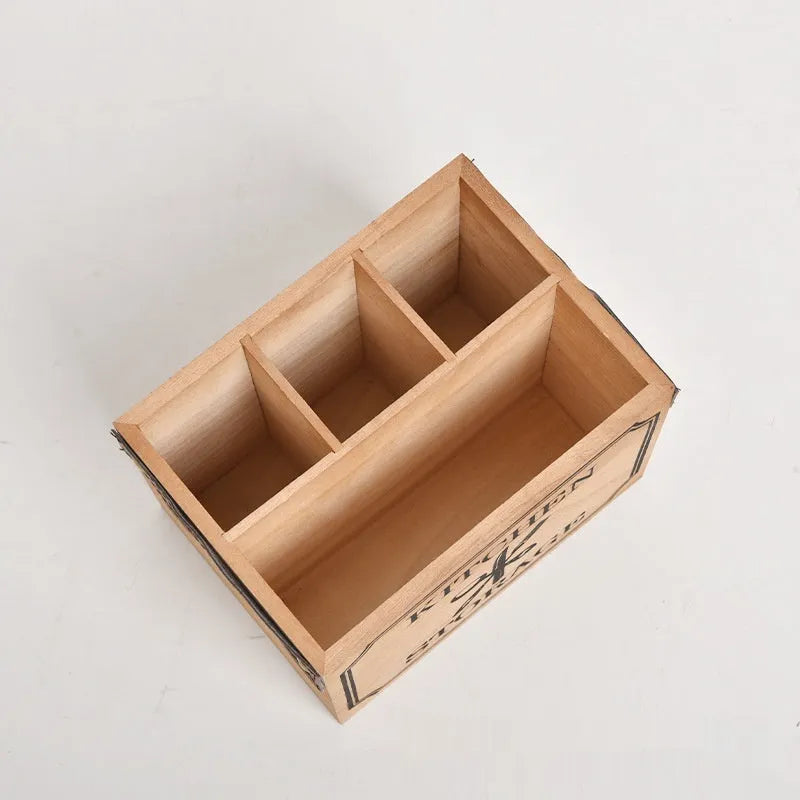 Wooden kitchen storage box for knives forks and chopsticks with internal grid compartments
