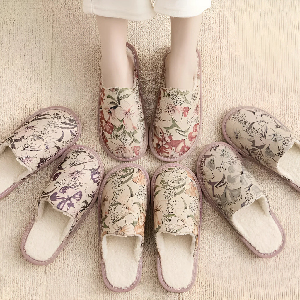 Household cotton slippers with linen surface in floral pattern colours and PVC sole