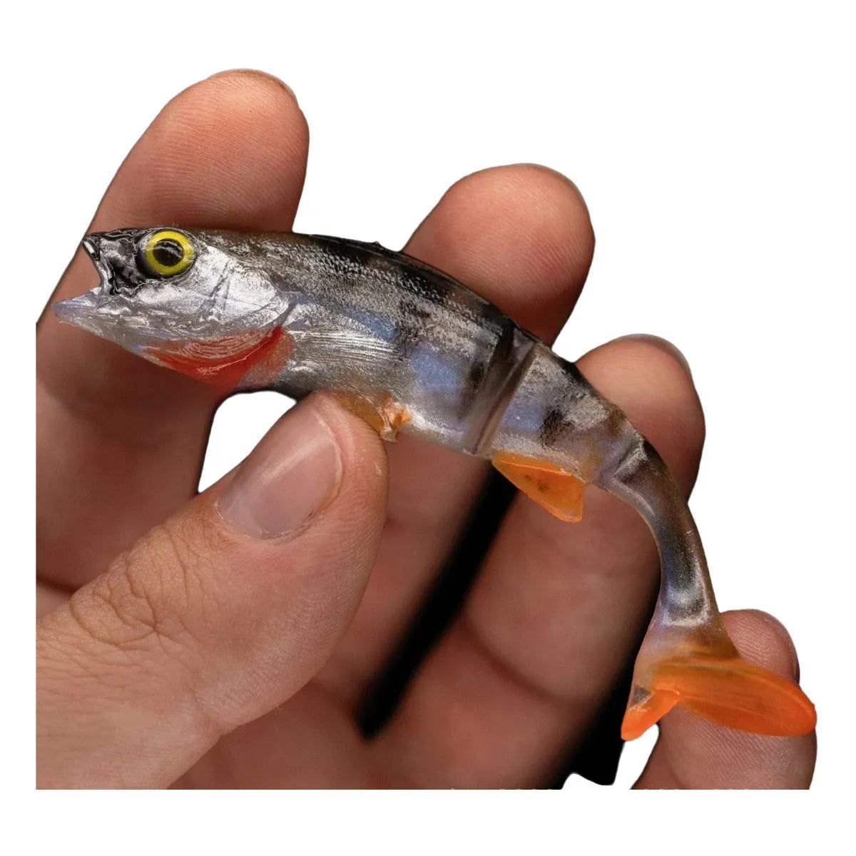 Soft sea fishing lure with T-tail design in natural fish colours showing textured scales and detailed fins