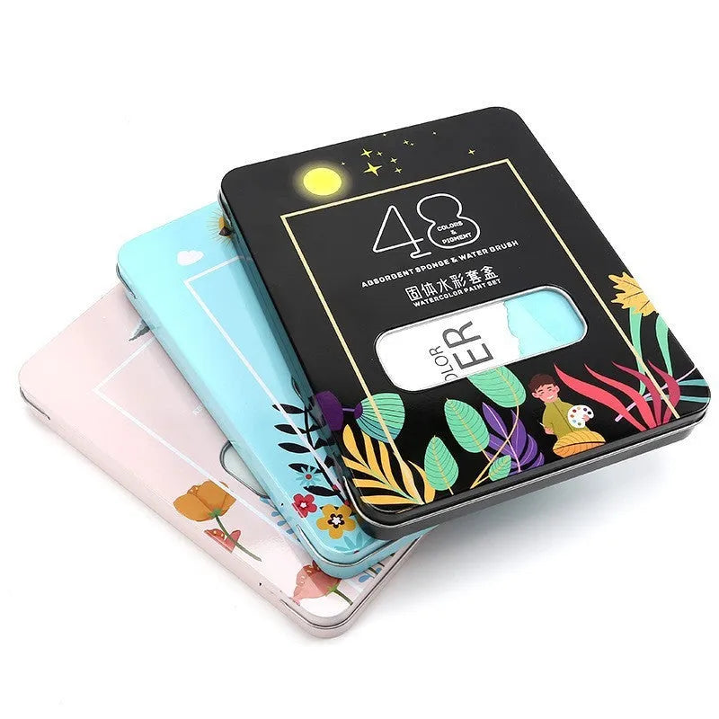 48-colour solid watercolour paint set in box with Black Knight, Girl Pink, and Sunshine Blue shades
