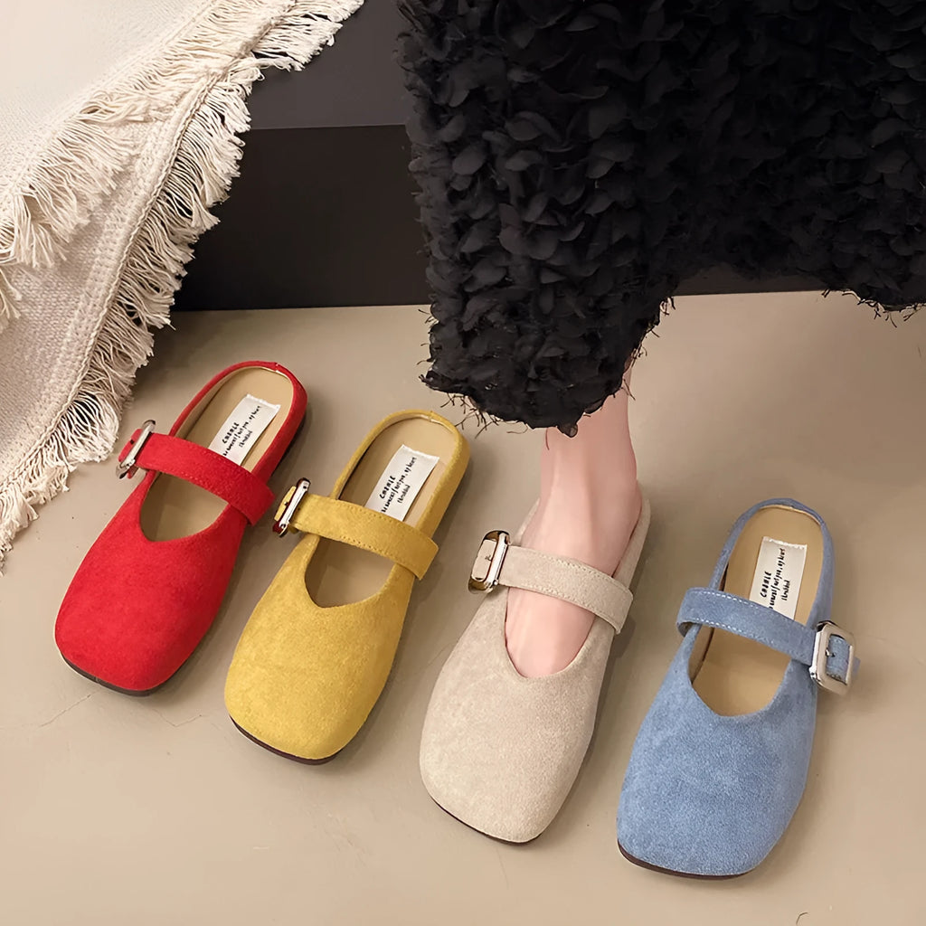 Women's flat closed toe half slippers in PU with rubber sole and square toe shape