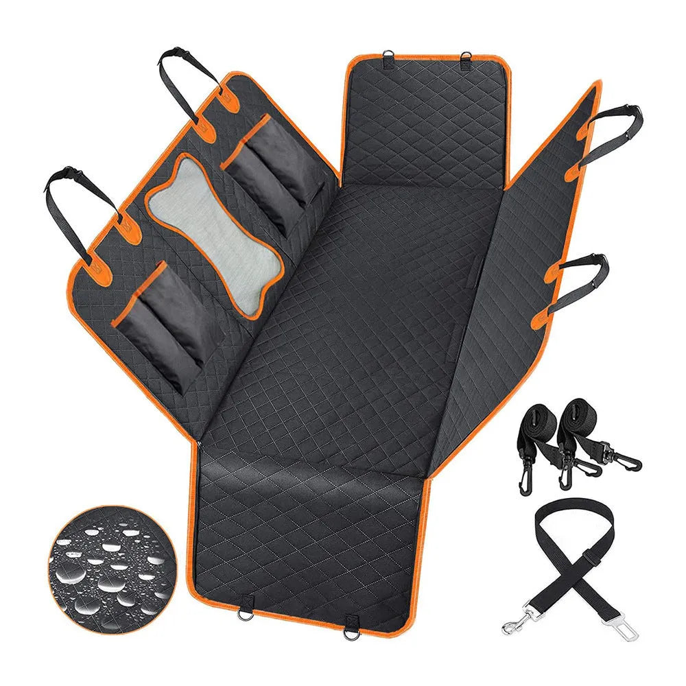 Black and orange edged waterproof pet car seat cover made from 600D Oxford cloth, shown on a car rear seat.
