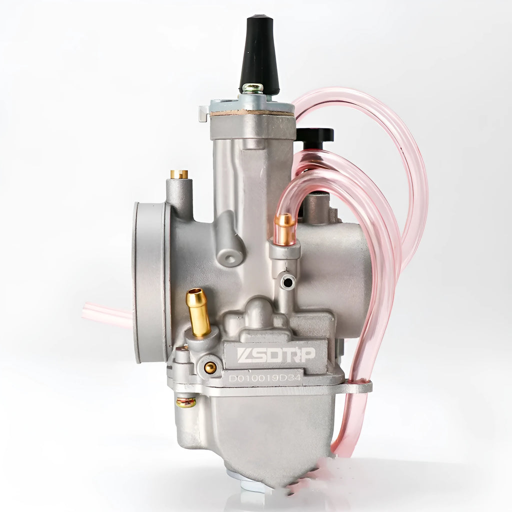 Motorcycle carburettor modification kit with sandblasted finish, showing size options from 21mm to 34mm bore.
