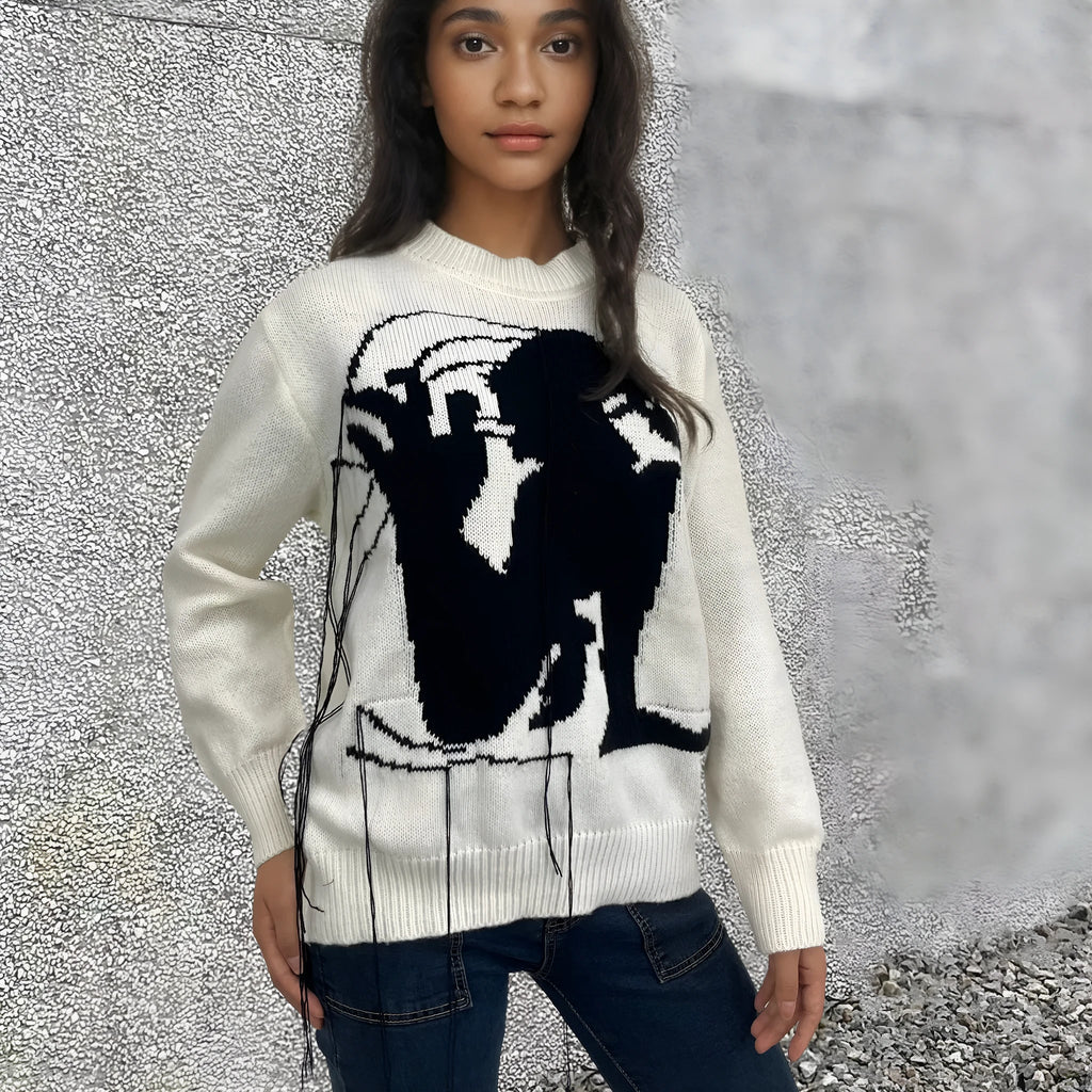 Women's loose grey alpaca wool sweater with abstract pattern tassel design round neck