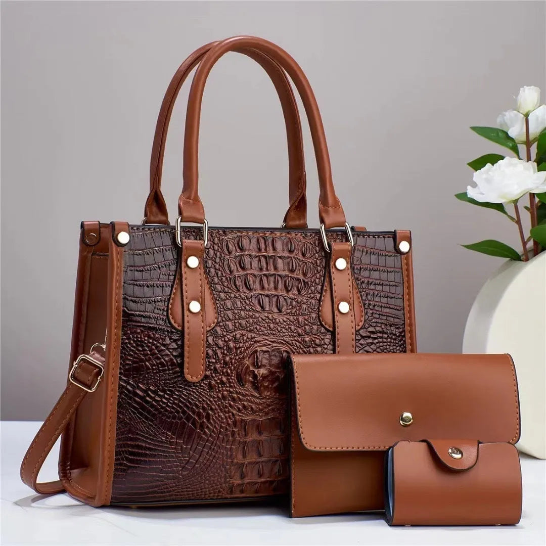 PU leather three-piece organiser set with crossbody bag, wallet, and card holder in contrasting colours