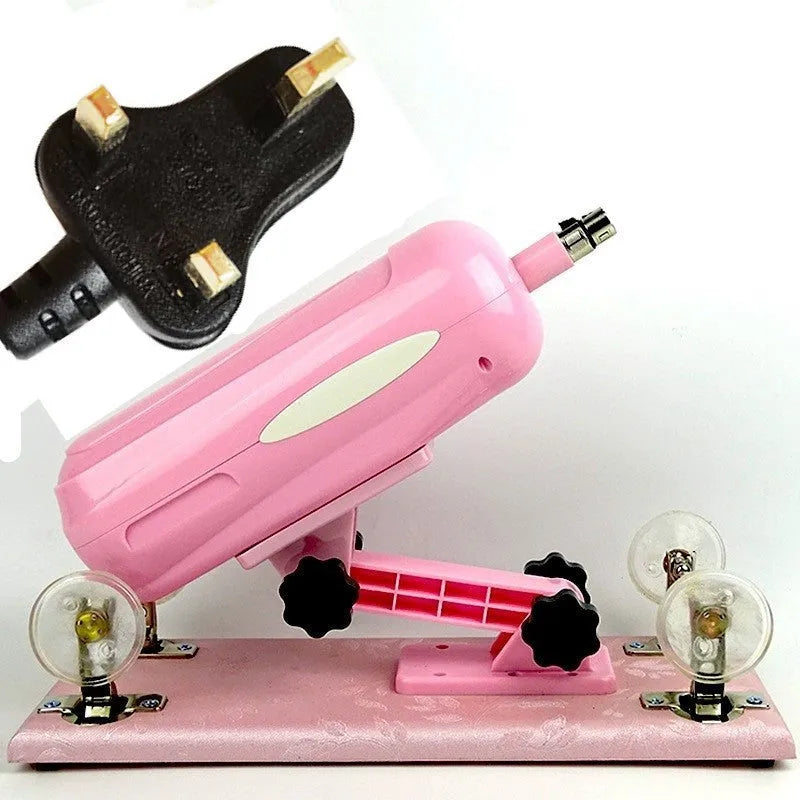 Purple automatic telescopic thrusting sex toy for women on a neutral background