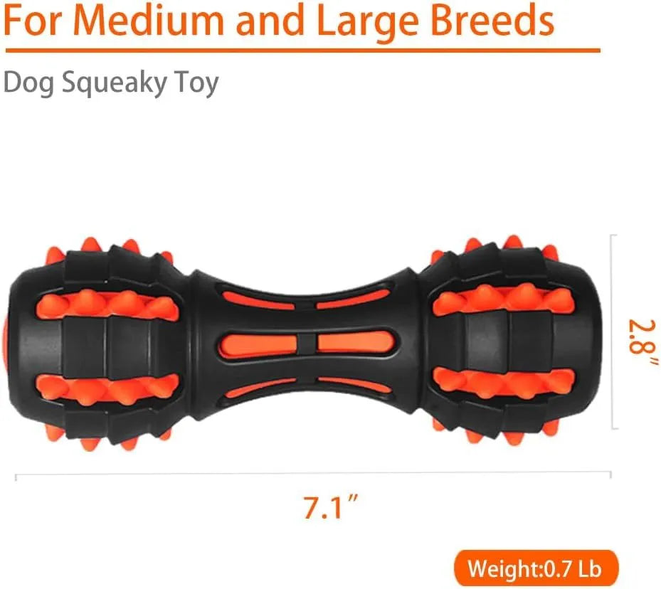 Red dumbbell-shaped natural rubber dog chew toy with squeaker for medium and large breed dogs