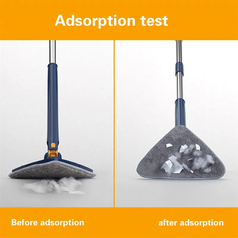 Blue triangular cleaning mop with 360-degree rotating head and adjustable stainless steel pole extended for use